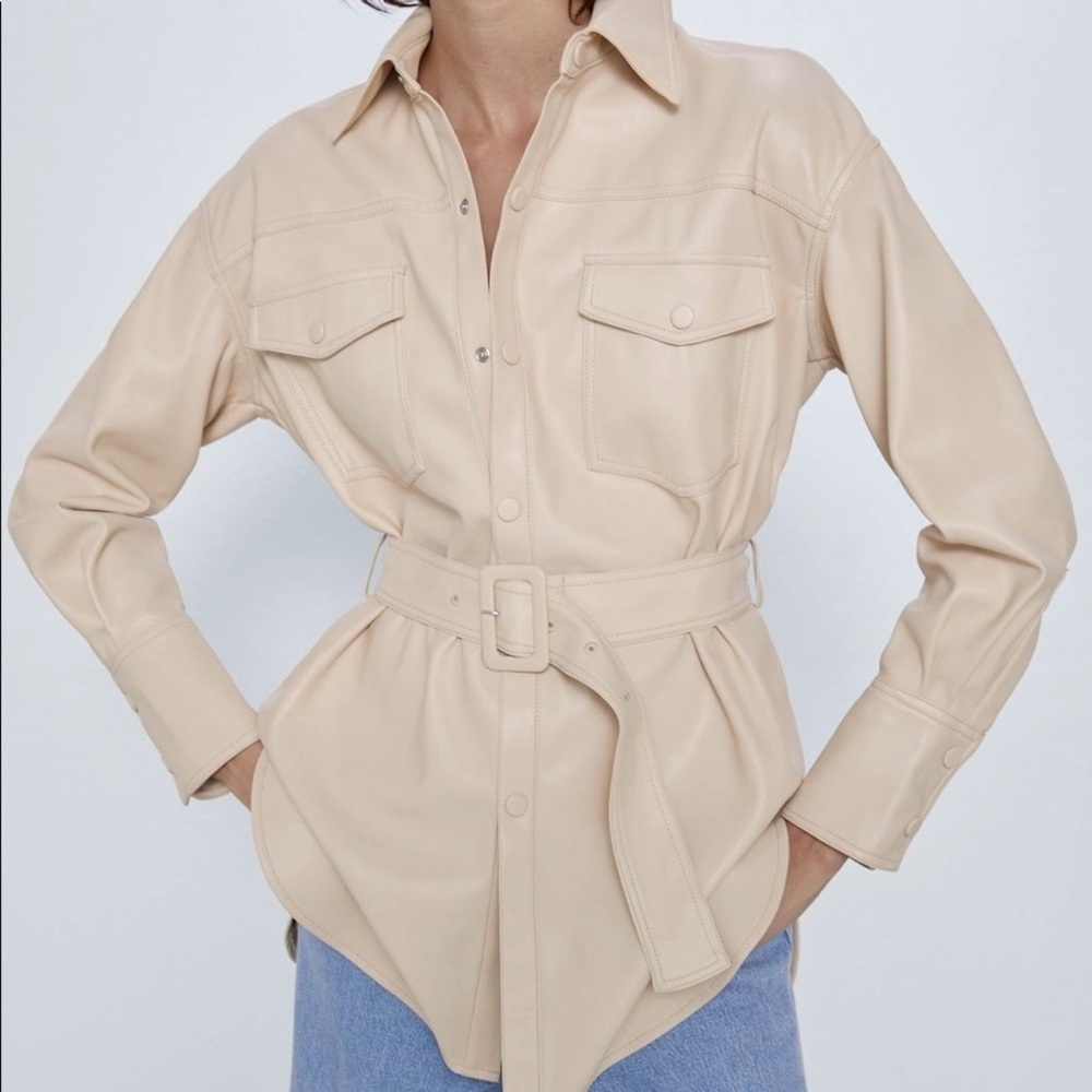 NWT Zara Belted Faux Leather Shirt Jacket in Soft Beige Sz S